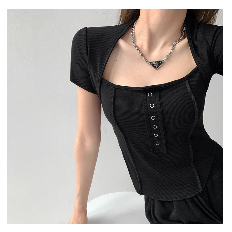 【MISSHONEY】 Square Neck Short Sleeve Button up Stretchy Crop Top 7010 S/M/L