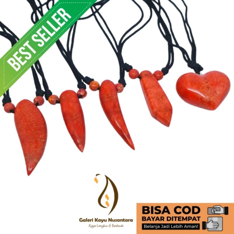 Kalung Liontin Batu Coral Marjan Merah Berbagai motif/Bentuk
