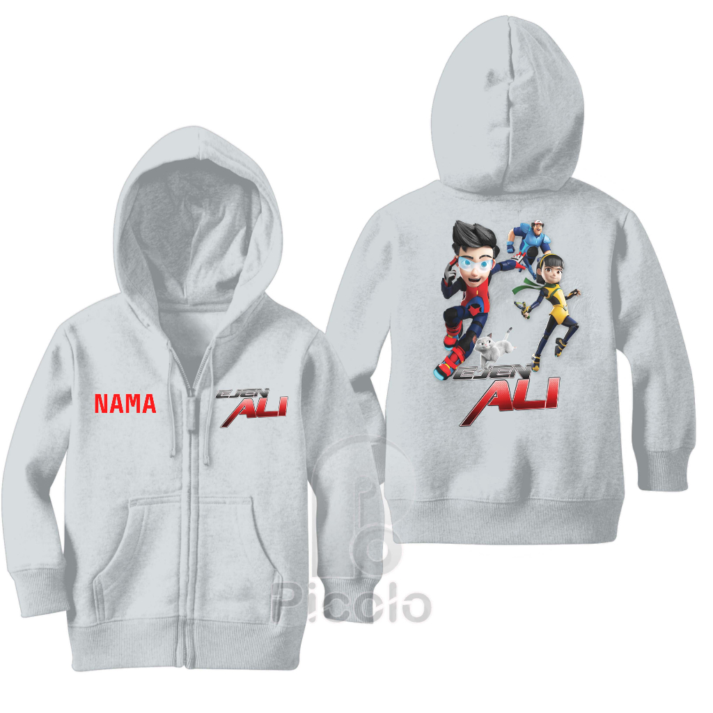 (FREE NAMA) SWEATER HOODIE ZIPPER ANAK MOTIF KARTUN ANIMASI EJEN ALI UNISEX