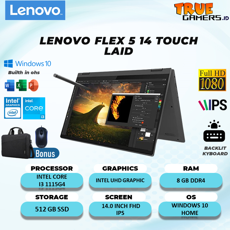 Laptop Lenovo flex 5 14 TOUCH I3 1115G4 8GB 512SSD W10+OHS 14.0FHD IPS 2IN1 BLIT PEN 2YR PREM+ADP