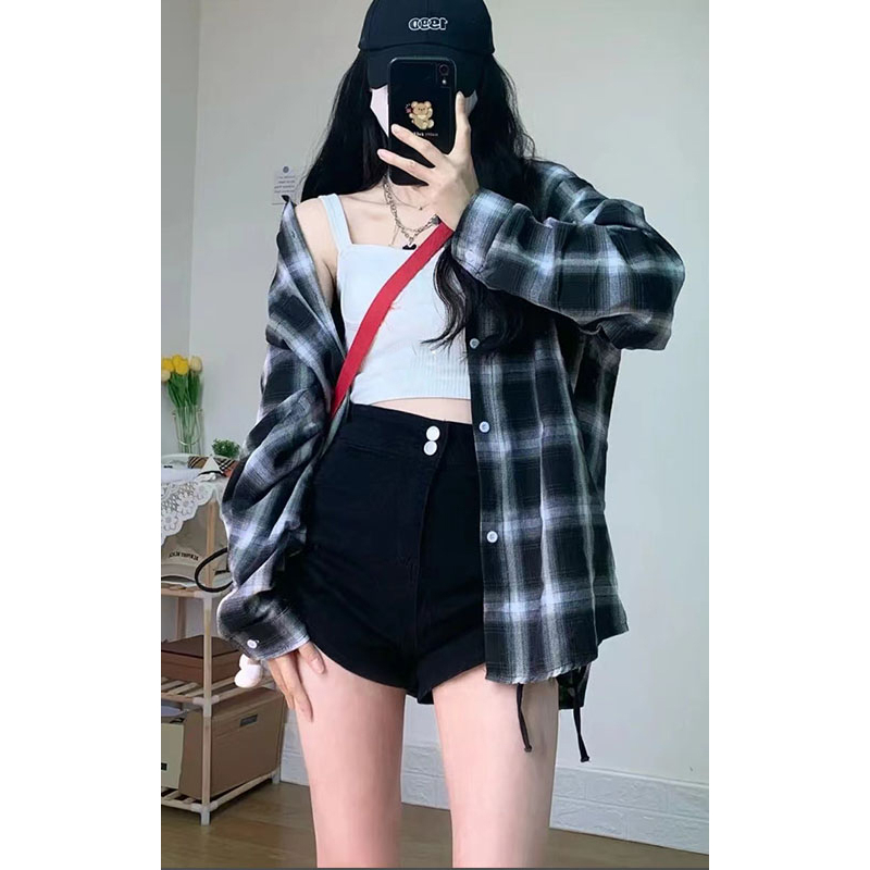 EUNII Blouse Wanita  Lengan Panjang Retro Kotak-kotak Wanita Korean Style