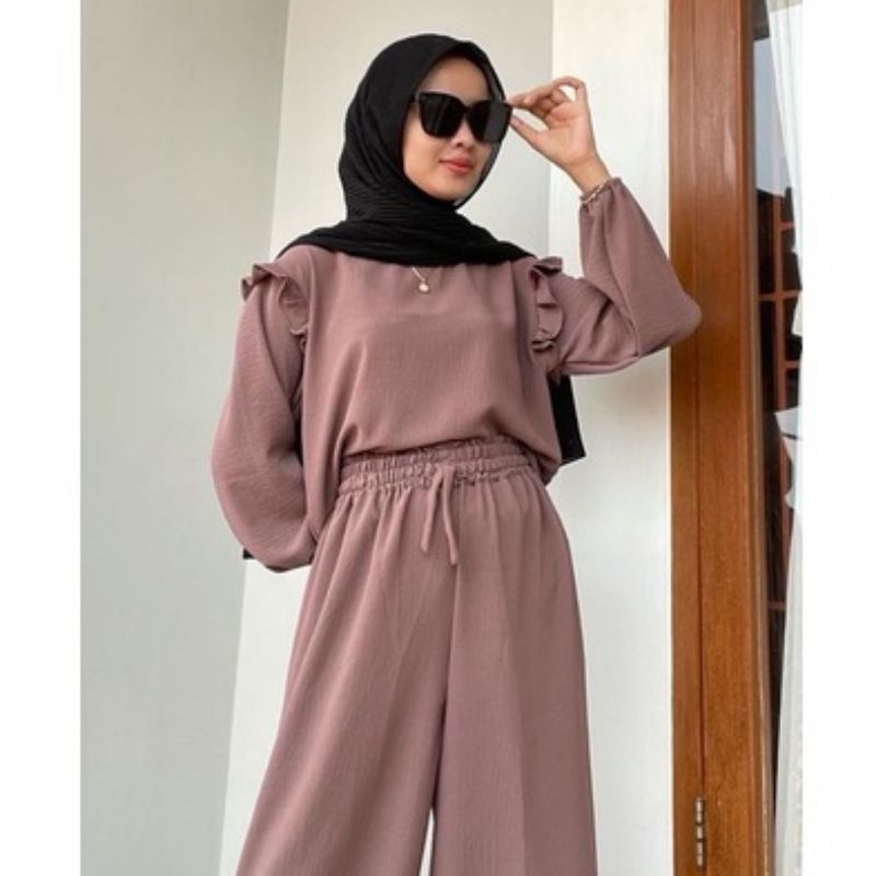 ONE SET RUBIAH | SET STAYL KOREA | ATASAN WANITA CRINCLE AIRFLOW | BLOUSE WANITA
