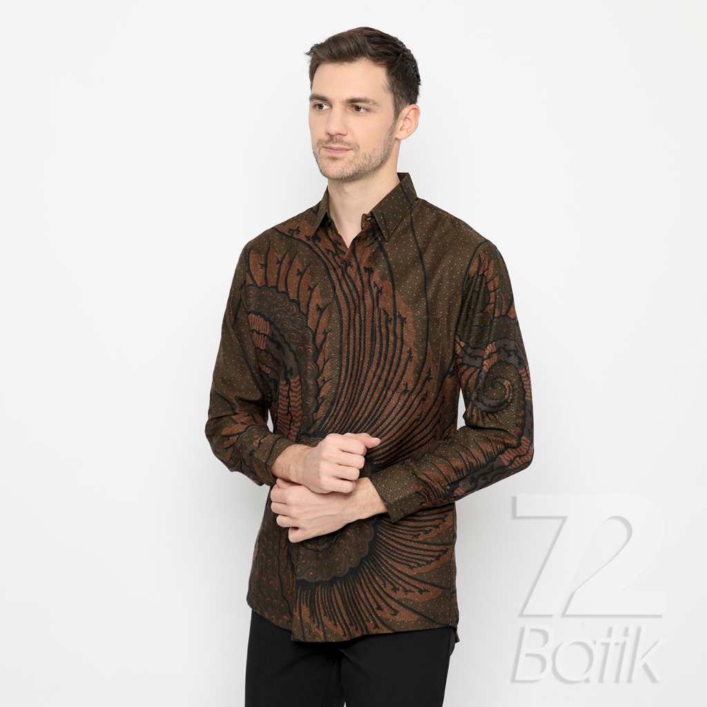 KEMEJA BATIK PRIA LENGAN PANJANG Kemeja Dobby Slimfit Motif Tentaken Warna Hijau Alam Coklat 722428 Cap 72 - Baju Kemeja Atasan Pakaian Setelan Batik Pria Cowok Laki Laki Remaja Keluarga Kantor Lengan Panjang Modern Slimfit Slim Fit Premium Kekinian