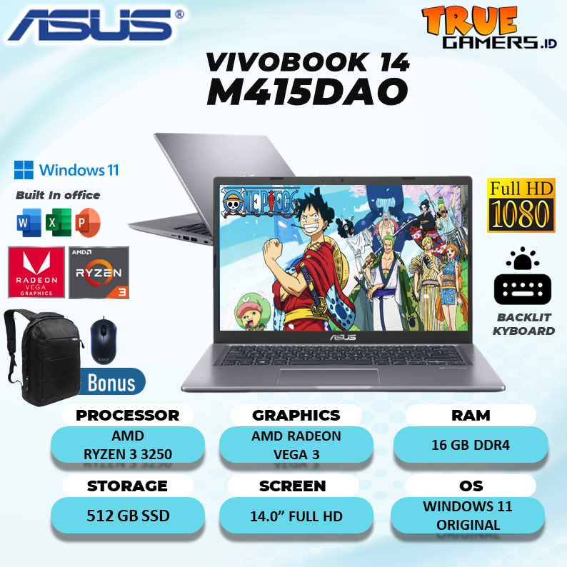 Laptop Asus Vivobook M415DAO AMD R3 3250 8GB 512SSD VEGA3 WIN10+OHS 14.0FHD