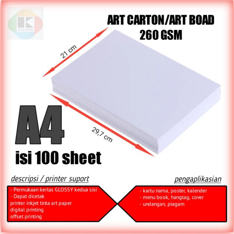 

kertas art carton 260 gsm A4 kertas art karton A4 260 gsm isi 100 sheet