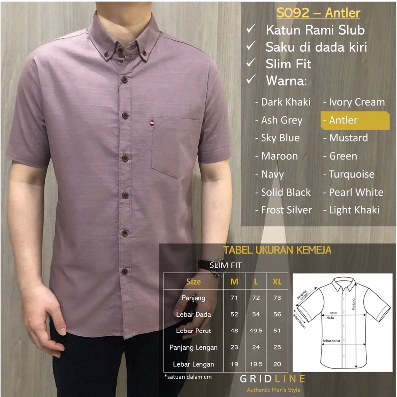 [GRIDLINE - S092 Colorful Premium Basic] Kemeja Pria Polos Slimfit Katun Rami Premium M-XXL