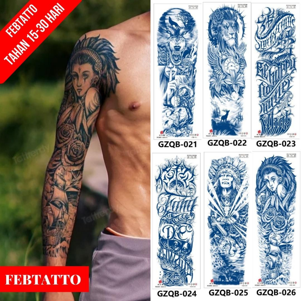 FRUIT INK Tato Semi Pemanent Tahan 1 Bulan Ukuran 17 X 48cm Motif Aesthetic Tatto Temporary Stiker Tato Halal Grosir Tato air motif serigala, singa, tulisan tribal, macan, perempuan bunga GZQB 026