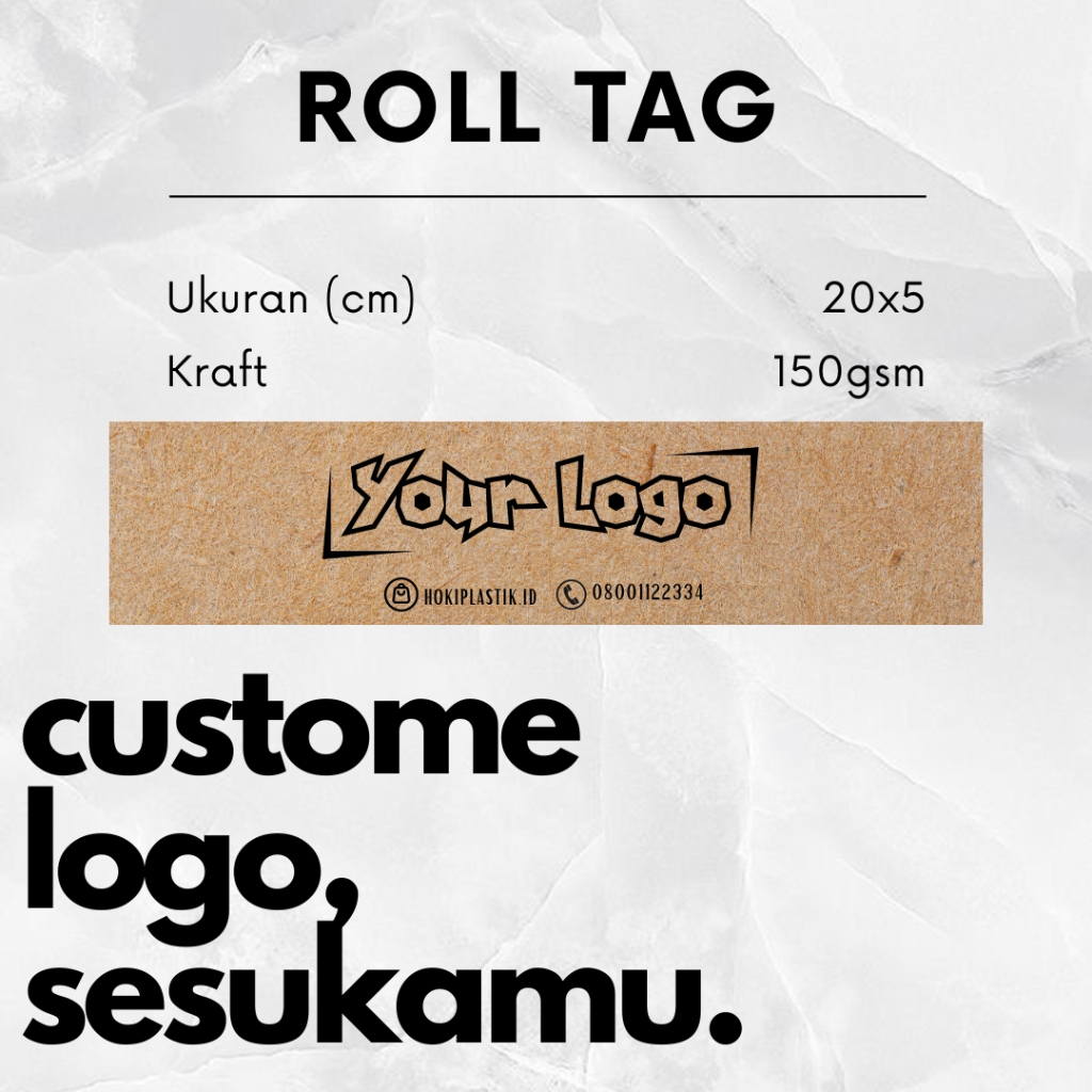 Roll Tag Label 20cmx5cm Custome Logo Kraft Coklat Full Print Warna Hijab Handuk Kaos Kaki Souvenir Premium Tebal Murah Tipis Besar Kecil Panjang Pendek Perekat Free Design 20x5 Kertas Hang Tag Label