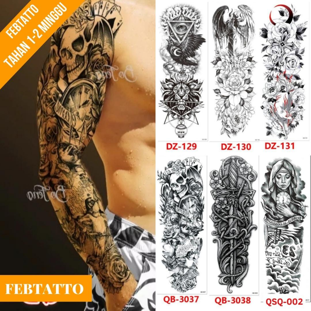 Tato Temporer Ukuran 17cmx48cm Motif Aesthetic Tatto Temporary Stiker Tato Halal Grosir Tato air motif iluminati, perempuan sayap, bunga, tengkorak, tribal, biarawati QS 3037