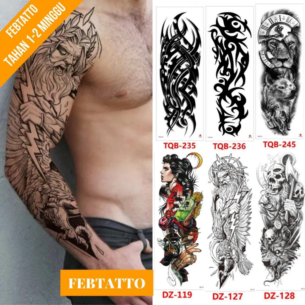 Tato Temporer Ukuran 17cmx48cm Motif Aesthetic Tatto Temporary Stiker Tato Halal Grosir Tato air motif tribal, macan, perempuan, burung garuda, tengkorak DZ 127