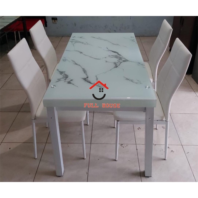 Meja makan kaca marble 4 kursi kaki besi minimalis termurah