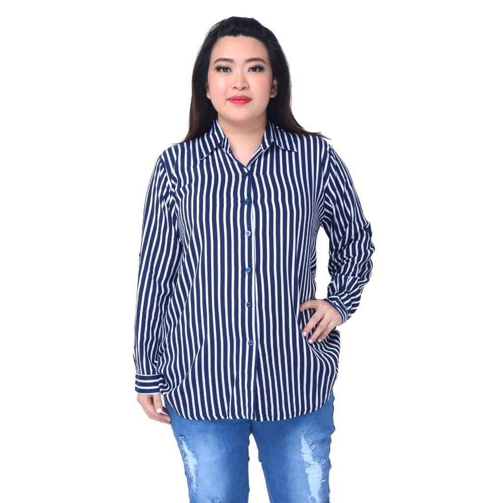 kemeja salur jumbo wanita bahan rayon ld 125 wanita lengan panjang kekinian 2023