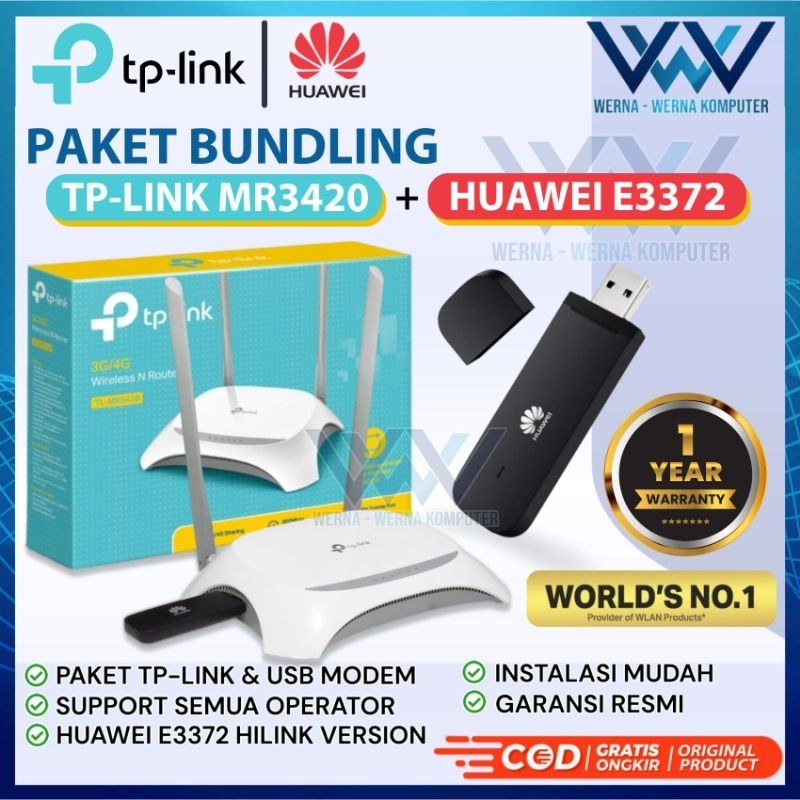 Bundling Paketan WiFi Router TP-LINK MR3420 + Modem USB Huawei E3372