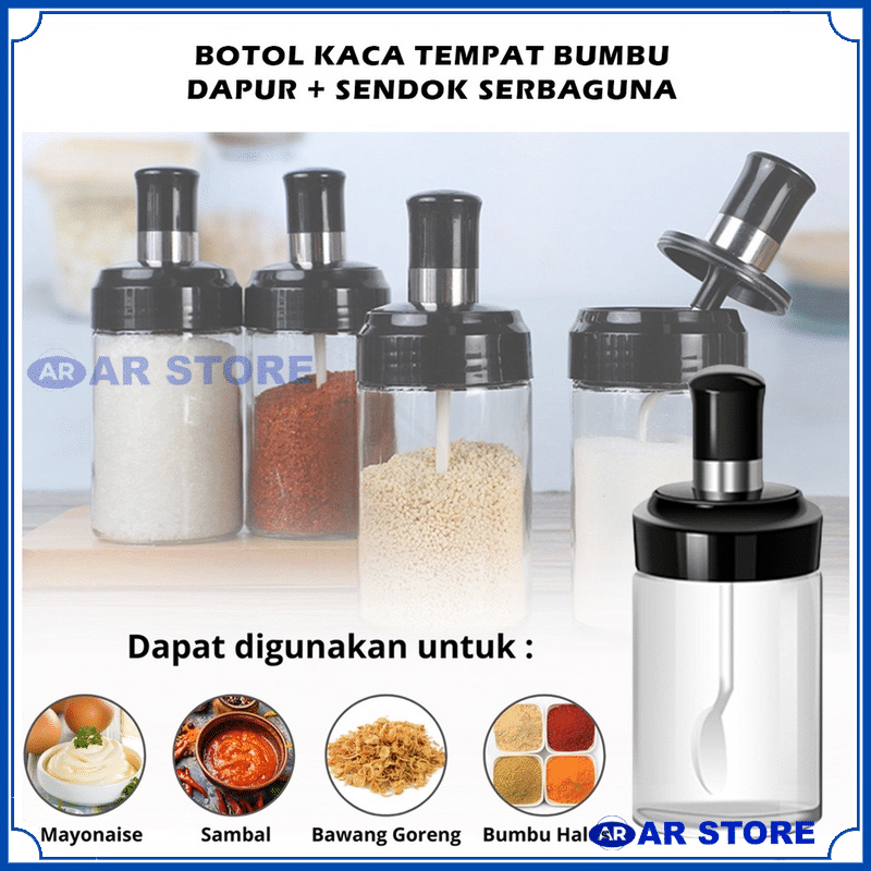 AR Botol Tempat Bumbu Dapur Kaca + Sendok / Wadah Penyimpanan Kopi Gula Garam Micin Lada Merica Kecap Saus Seasoning Bottle Glass Aesthetic Kedap Udara Serbaguna