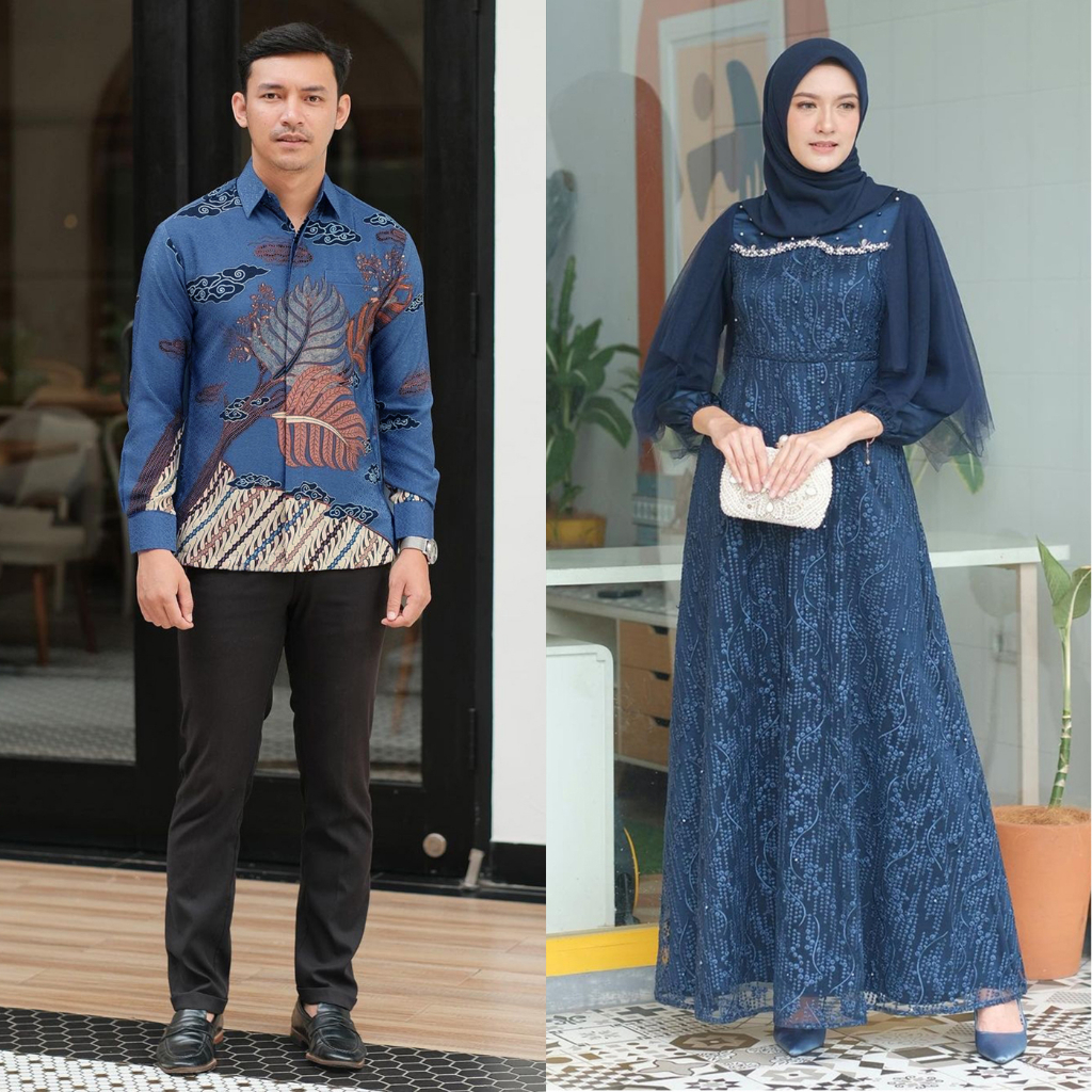 BATIK MODERN - Gamis Couple LUNA Dress Kondangan Dan Lebaran Modern Dress Satin Mix Brokat Payet Premium Dress Sarimbit