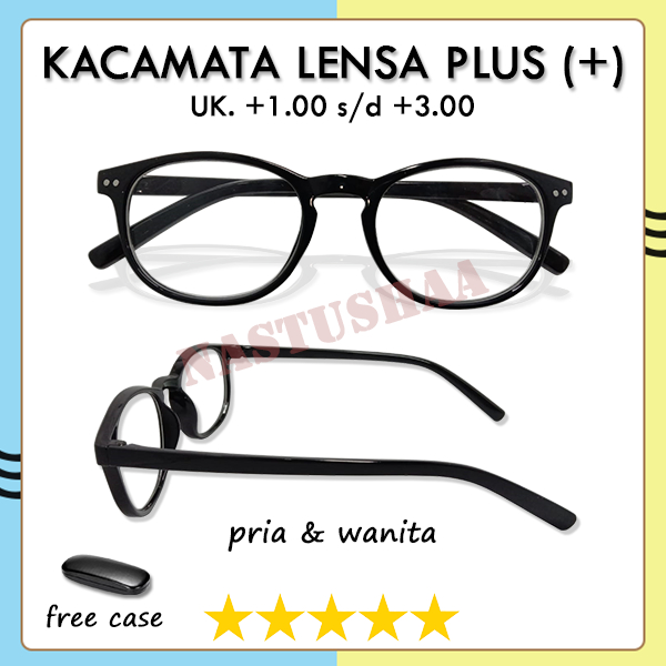 Kacamata Full Plus (+) Ukuran +1.00 s/d +3.00 Kacamata Rabun Dekat Frame Model Oval Hitam Pria/Wanita Unisex FREECASE