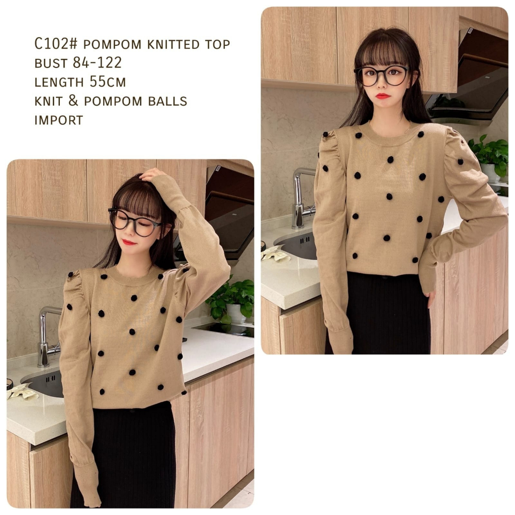 Pompom Knit Top Blouse Rajut Wanita model Pompom HOPYLOVY