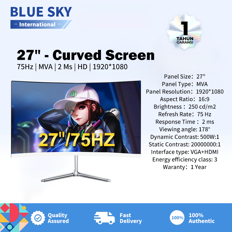 BLUE SKY Monitor definisi tinggi melengkung 27 inci, monitor komputer gaming profesional, monitor definisi tinggi 75HZ