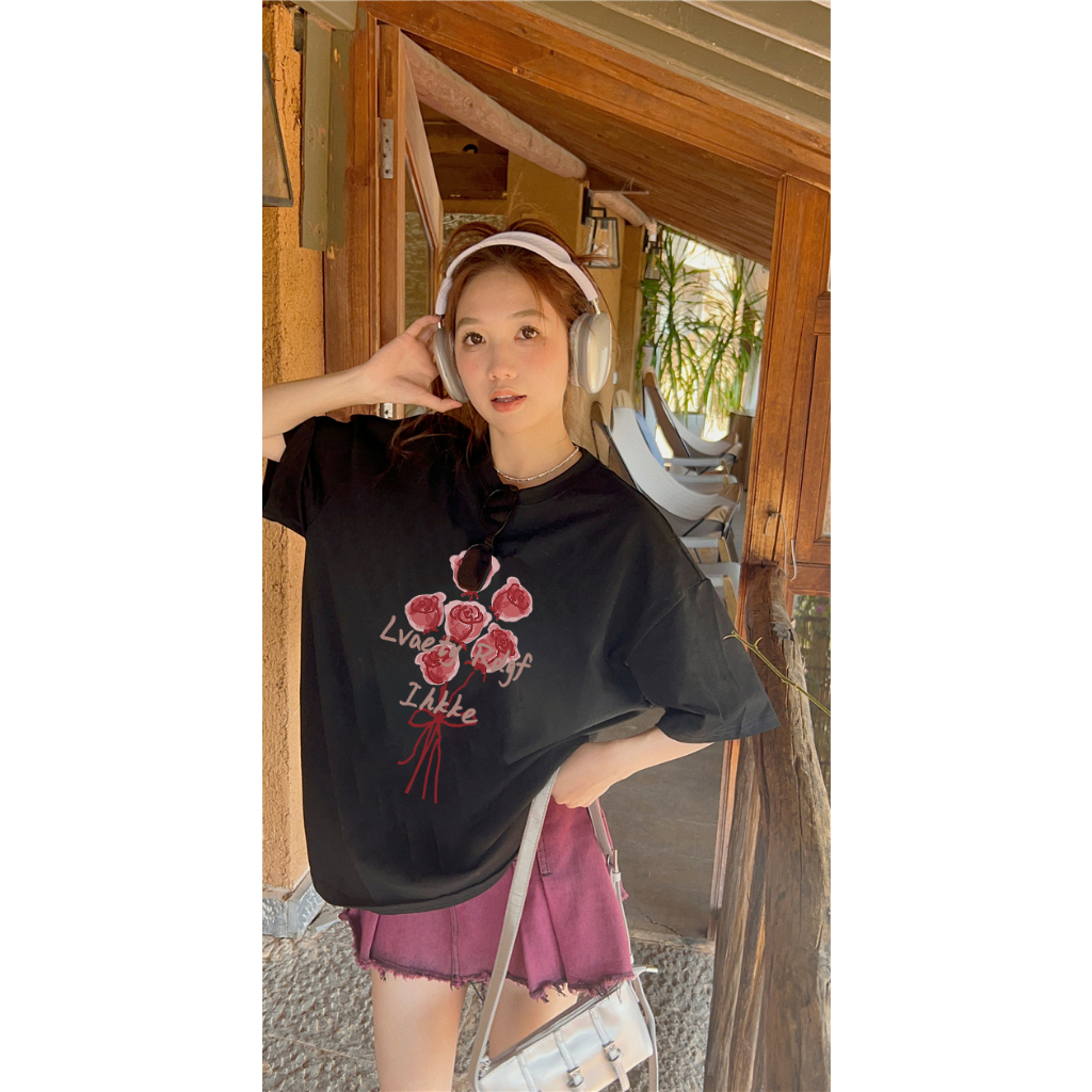 EUNII T-shirt Lengan Pendek Cartoon Red Flowers Korean Style/Kaos Atasan Wanita/Baju Kaus Oversize Wanita/Kaos Wanita