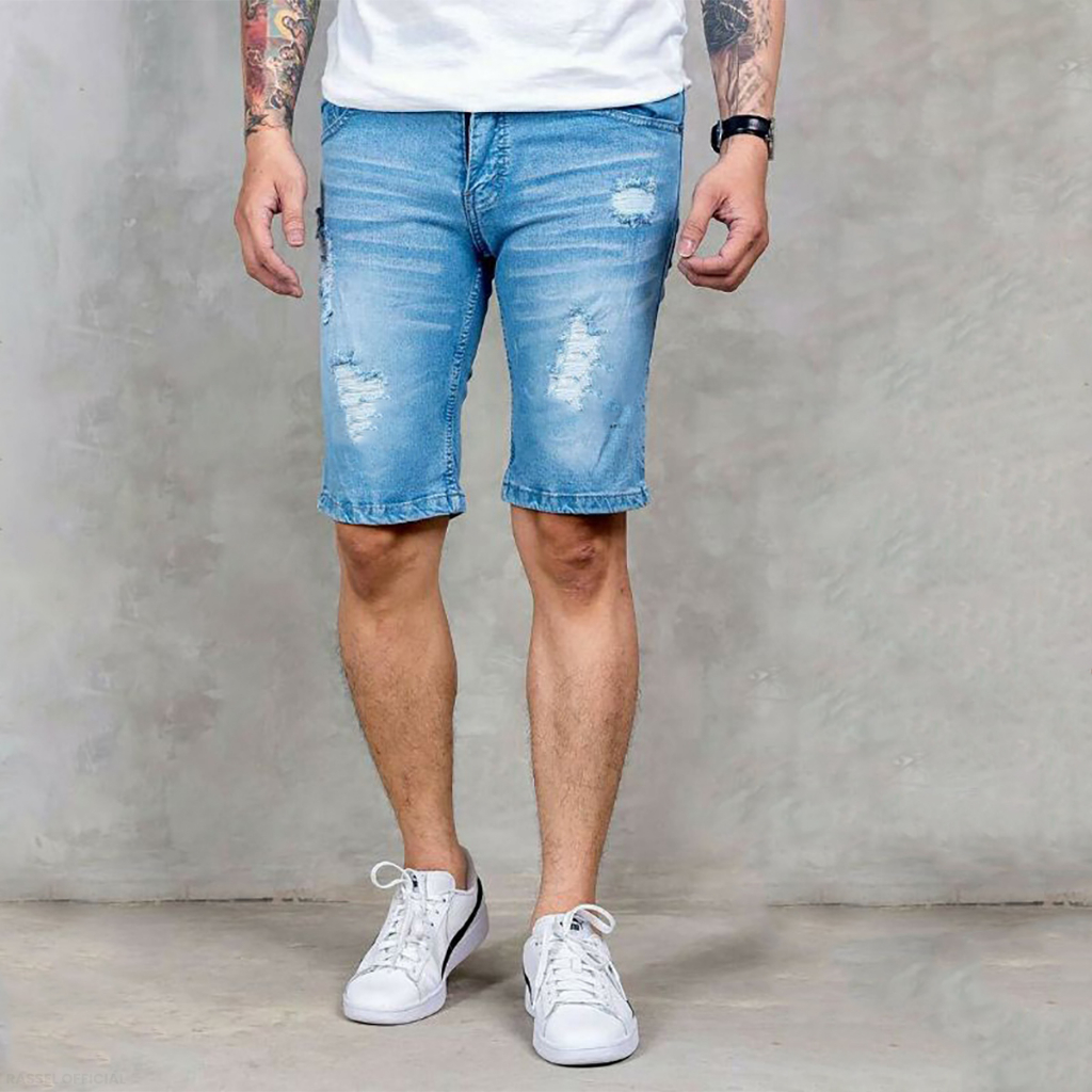 Celana Pendek Pria Jeans Denim Sobek Slimfit Model Terbaru Kekinian - Rassel Store