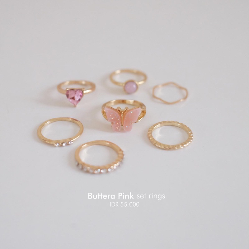 Ark.co - Buttera Pink set rings cincin kupu hati kristal tumpuk