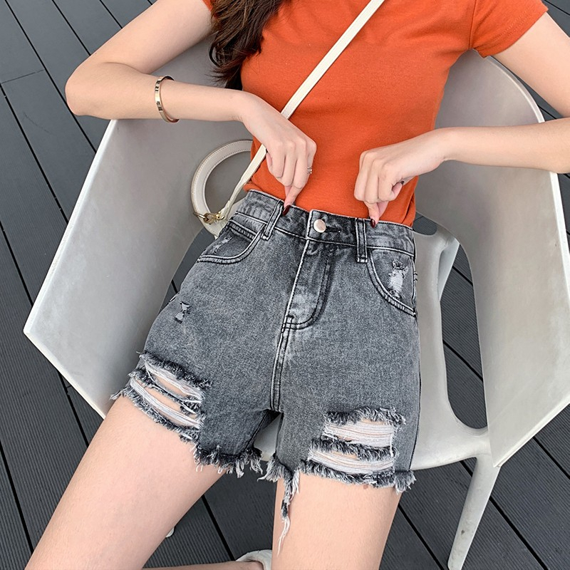 Celana jeans pendek wanita korea style hotpants denim hitam Abu-abu ripped short  high waist pinggang tinggi sobek cewe xl xxl perempuan jens