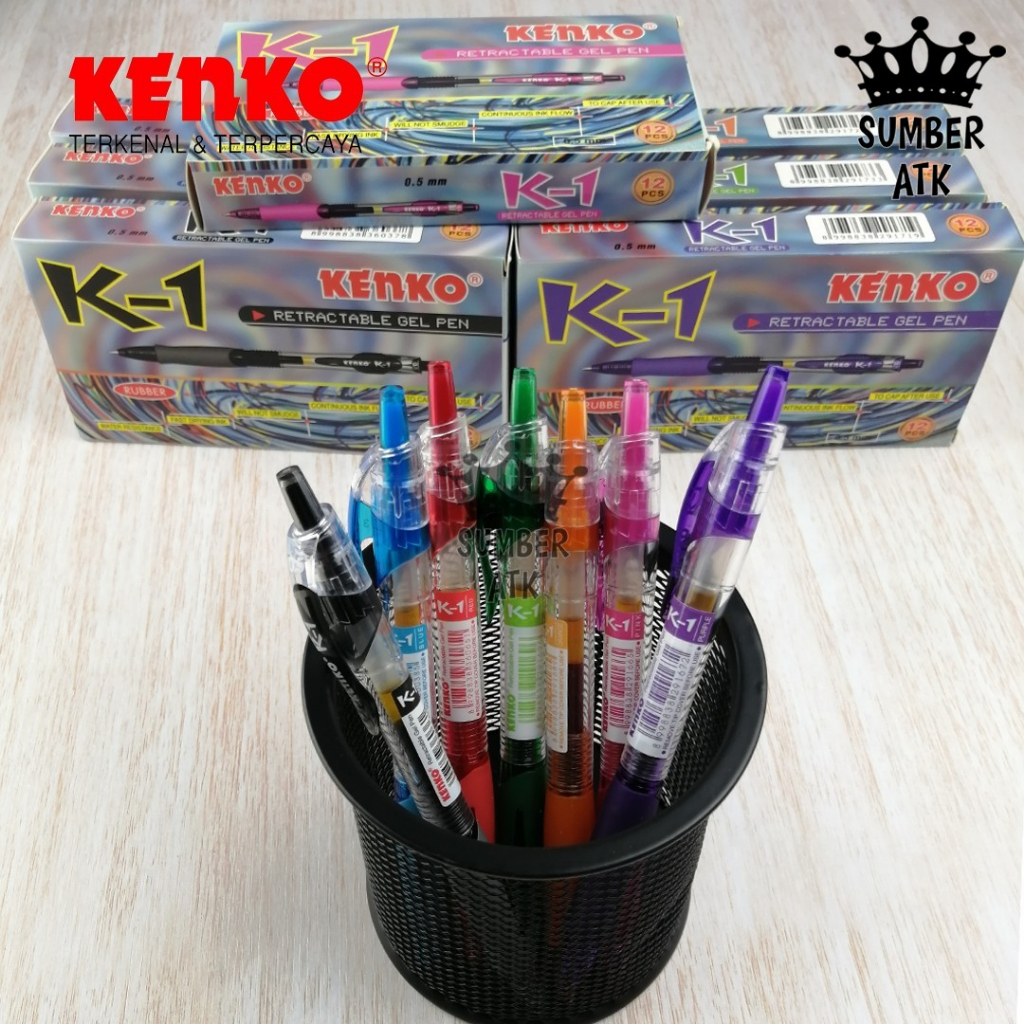 RB Pena / Pulpen KENKO Gel Pen K-1 Retractable Lusin / 12 Pcs Hitam Biru Merah Pink Hijau Ungu