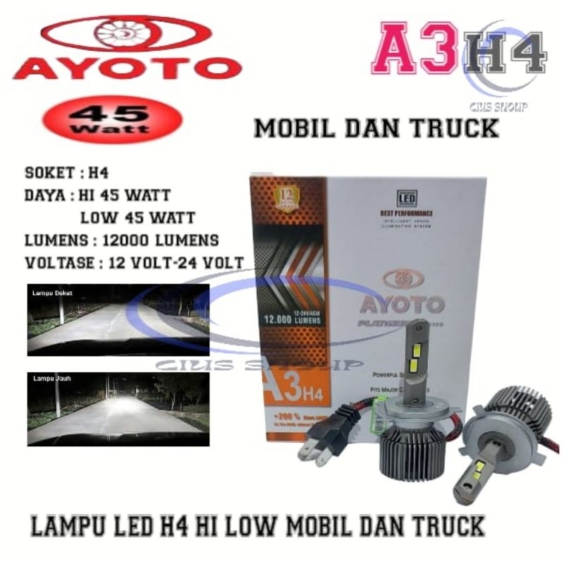SEPASANG LAMPU LED H4, H11,H8 H7 HB3(9005) AYOTO A3 45W 3 WARNA PUTIH , KUNING, WARMWHITE LAMPU HEADLAMP,FOGLAMP MOBIL