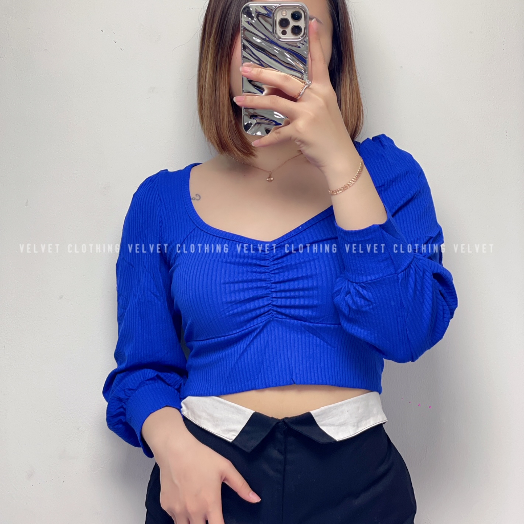 Blouse Puffy Long Sleeve Knit / Crop Top Lengan Panjang Wanita / Atasan Vneck Lengan Panjang Kerut 4804