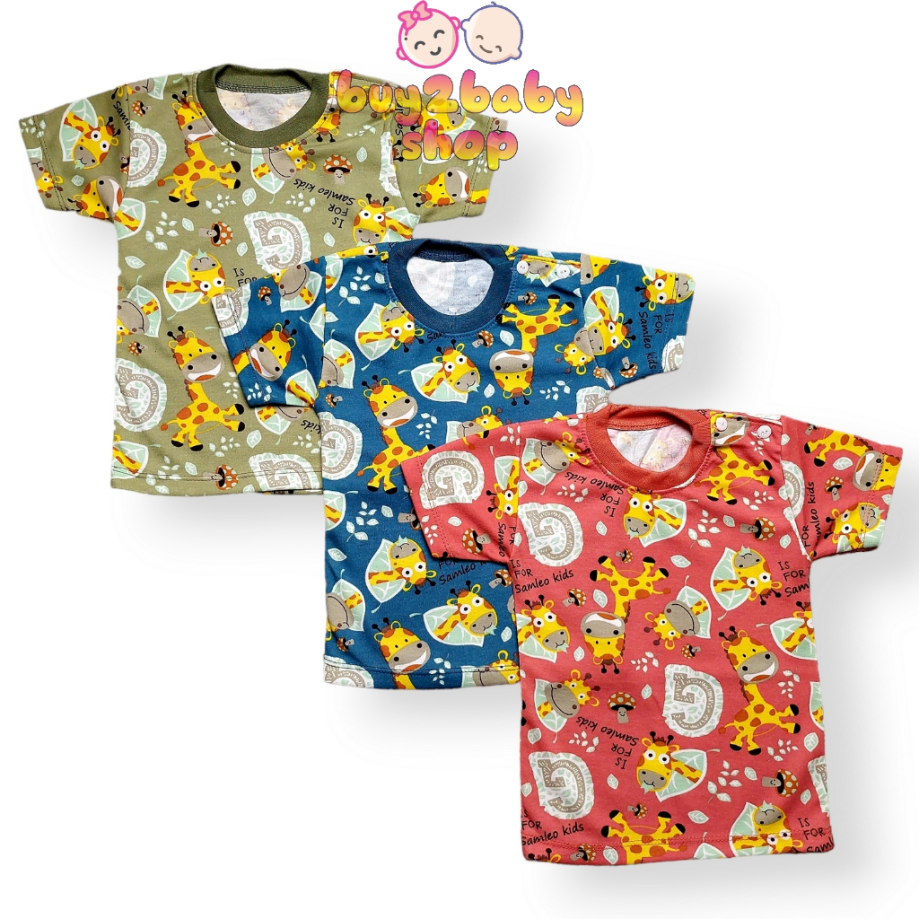 Baju bayi kaos oblong pemium kancing pundak Samleo Baby motif print warna  0-2 Tahun isi 3 Kaos