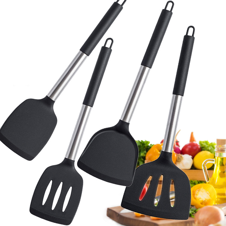 Spatula Sendok sodet Sutil penggorengan Stainless Steel Silicone Handle teflon wajan cekung goreng anti legket hitam kualitas premium tebal