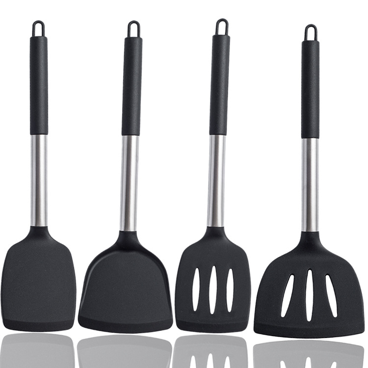 Spatula Sendok sodet Sutil penggorengan Stainless Steel Silicone Handle teflon wajan cekung goreng anti legket hitam kualitas premium tebal