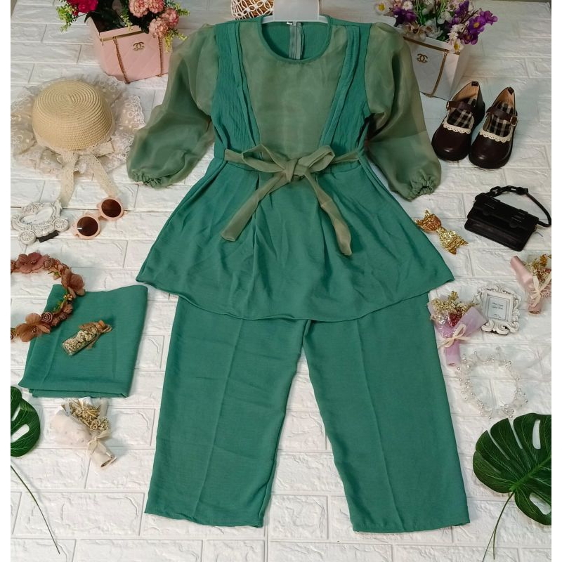 Setelan celana organza rempel dada 3sampai14 tahun// setcel organza rempel dada set pasmina