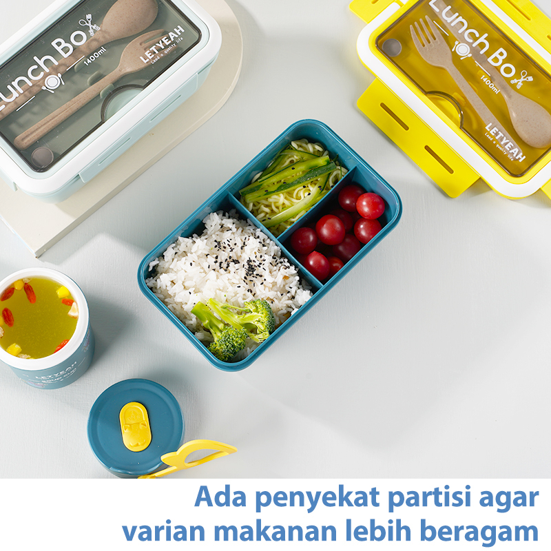 Letyeah &amp; Kaizenliving tempat makan anak sekolah set tas / kotak makan plastik 1400ml / lunch box set tas / tempat makan anti tumpah + stiker lucu