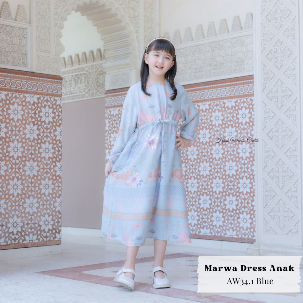 Hijabwanitacantik - Marwa Dress Anak AW34.1 Blue | Gamis Motif Premium-Girl Blue XL