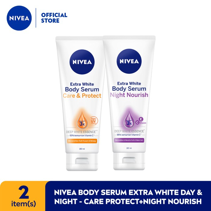 [NIVEA PAKET] Body Serum Siang &amp; Malam ( care &amp; protect 180ml + night nouris 180ml)