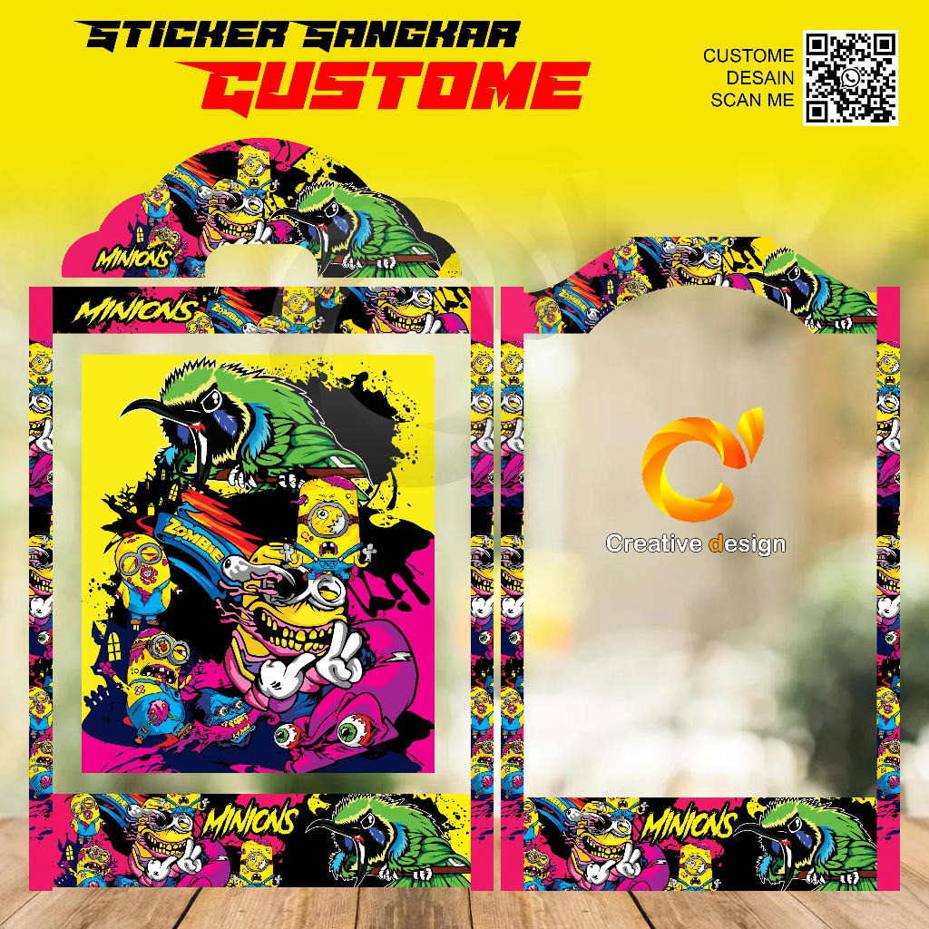 STICKER DECAL SANGKAR KOTAK KIPAS MOTIF CUCAK IJO MINION ZOMBIE