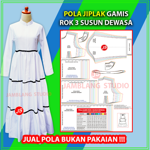 Pola Jiplak Gamis Rok 3 susun Dewasa JIP044