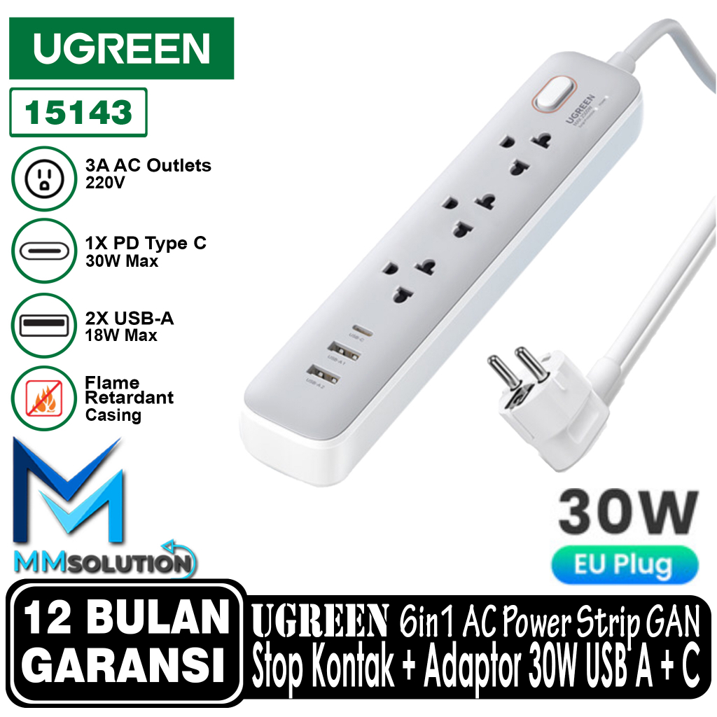 UGREEN Power Strip 6 IN 1 Stop Kontak + Adapter USB A + Type C GaN 30W - 15143