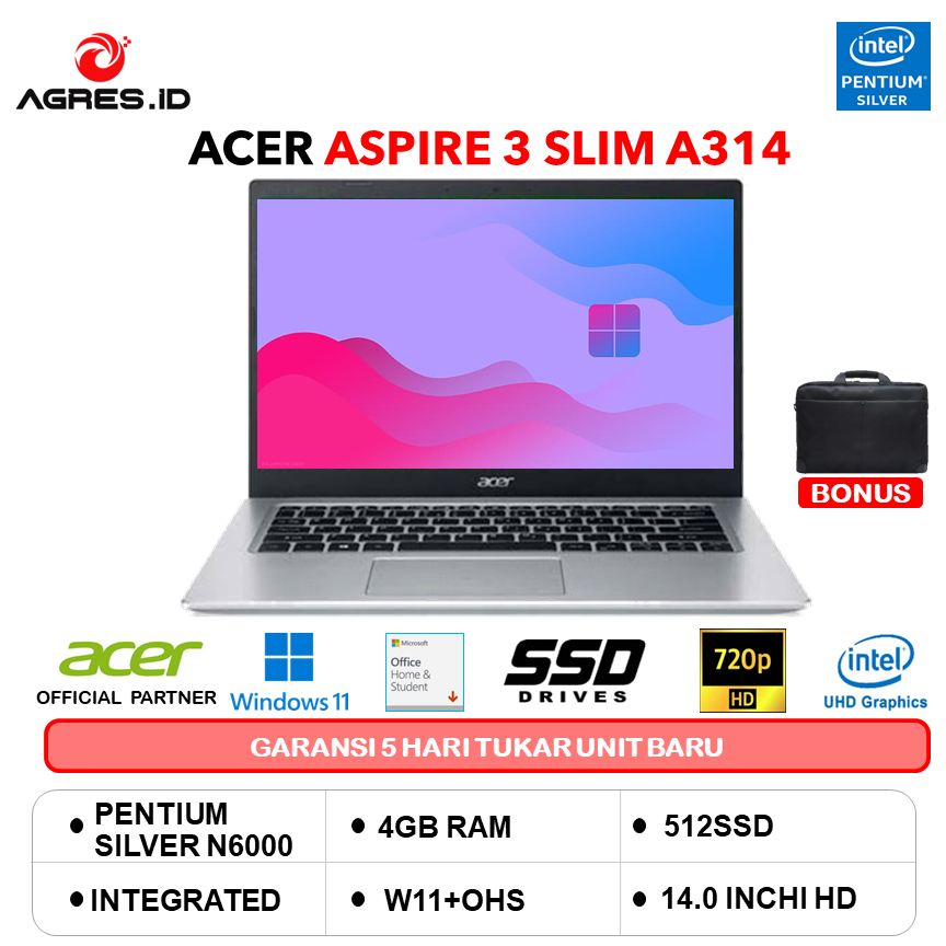 ACER ASPIRE 3 SLIM A314 PENTIUM SILVER N6000 4GB 512SSD W11+OHS 14.0 SLV -35.P5N3