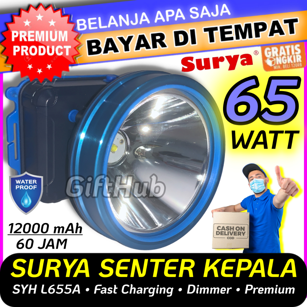 Surya Senter Kepala Premium 65w 65 Watt SYH L655A 65Watt Electronic Spotlight LED Dengan 3pcs Batera