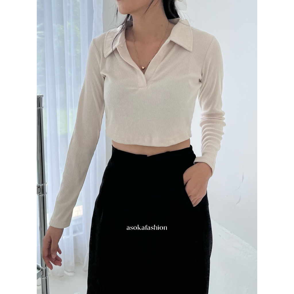 ASOKA Isabel Top 2180 - Long Sleeve Polo Crop - Atasan Wanita Kaos Knit