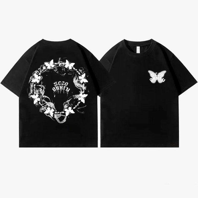 XiaoZhaiNv Kaos Atasan Oversize Wanita White Butterfly Pattern Lengan Pendek A0500