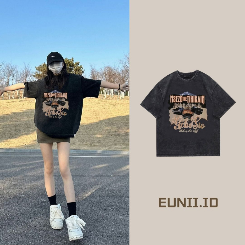 EUNII T-shirt Lengan Pendek Black Washed Vintage Car Printing Korean Style/Kaos Atasan Wanita/Baju Wanita/Kaos Wanita