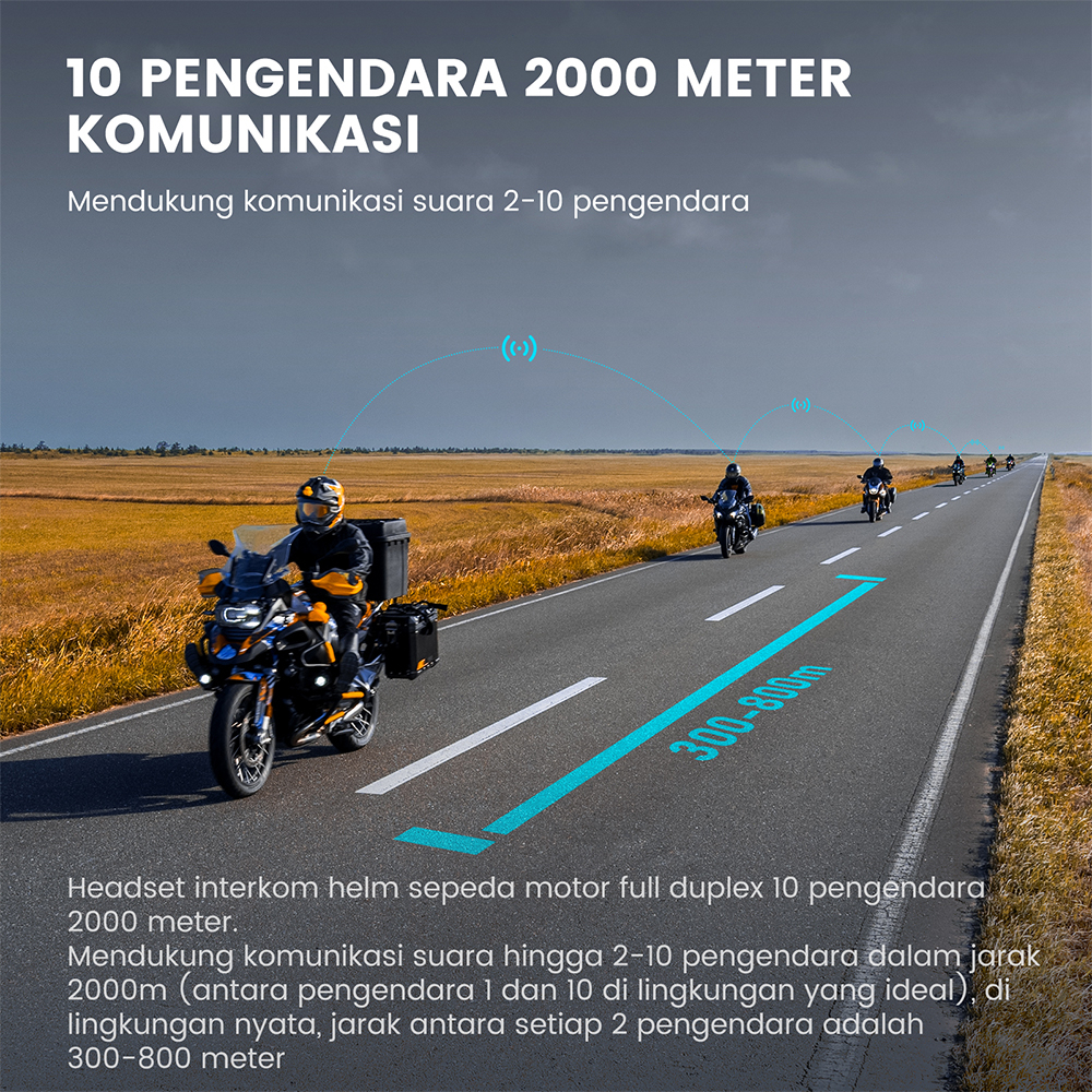 GEARELEC GX10 Bluetooth 5.2 Helm Sepeda Motor Interkom Hingga 10 Pengendara IP67 Tahan Air bisa berbagi musik dengan FM