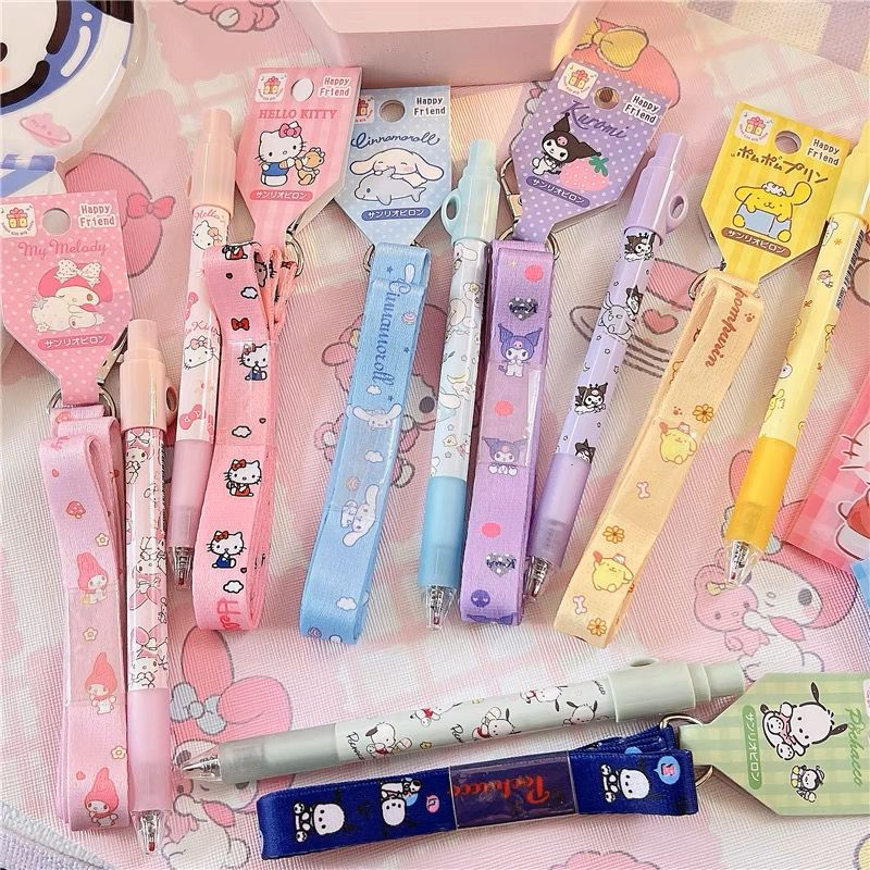 

PULPEN PENA GEL HITAM 0.5MM KARTUN SANRIO MELODY KUROMI CINNAMOROLL DENGAN TALI LANYARD PANJANG