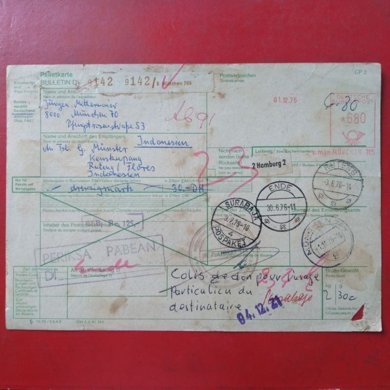 Koleksi Kuno Jadul 1976 Arsip Pengiriman Paket Barang Jerman-Indonesia - YN98
