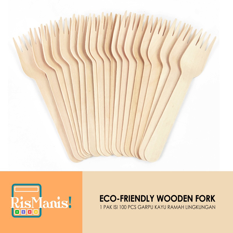 ECO-FRIENDLY WOODEN FORK - 1 pak isi 100 pcs Garpu Kayu 15.5 cm Alat Makan Mie Salad Cake Buah Cutleries Portable Bahan Premium Kualitas Food Grade Ramah Lingkungan Tekstur Halus Cutlery Sekali Pakai Praktis