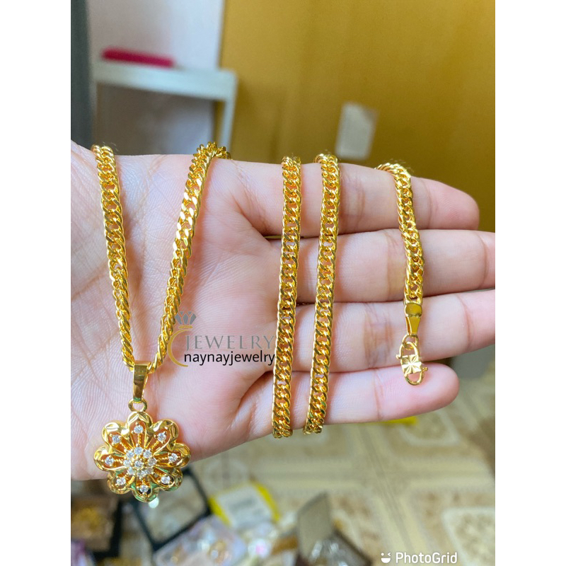 Kalung Lempis bunga tebal 60cm lapis emas 24k