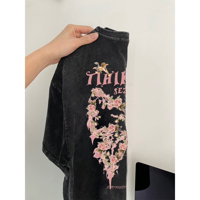 100% Katun Kaos Vintage Hitam Atasan Wanita Lengan Pendek Oversize Printed T-shirt Baju Wanita Kekinian Korean Style/kaos import wanita jumbo